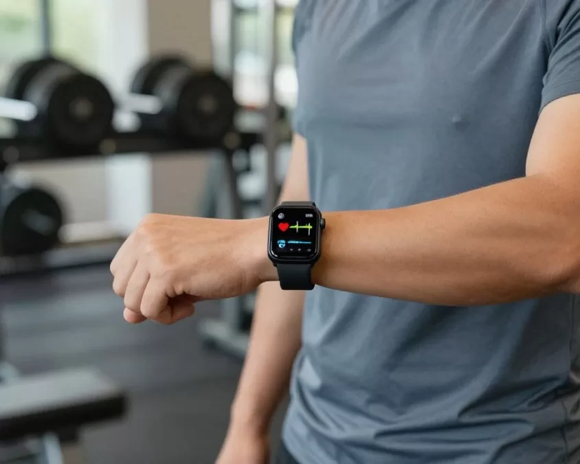 Person checking fitness data on wearable device during workout showing heart rate metrics