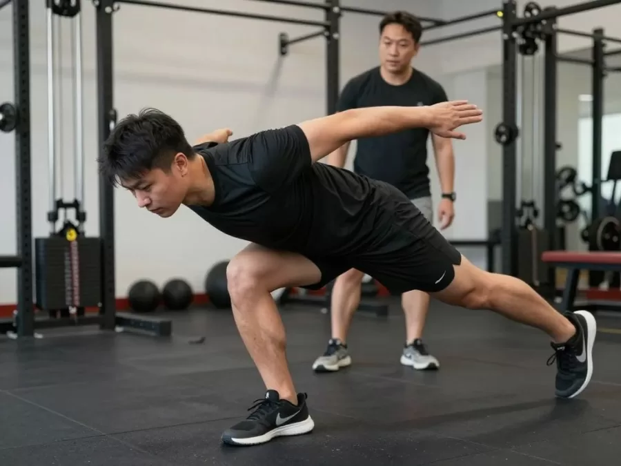 Person demonstrating functional movement exercise with proper form and body mechanics