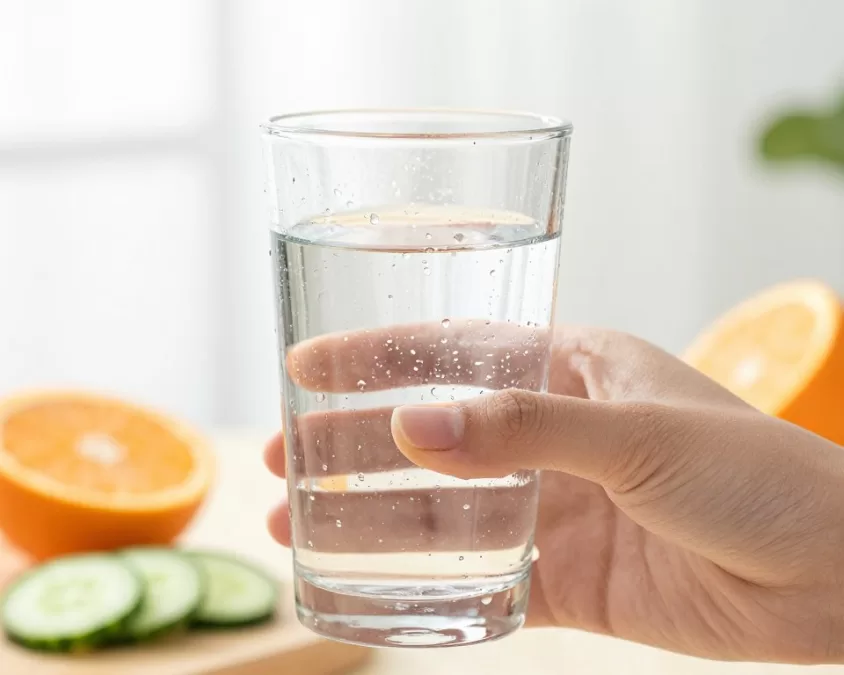 Person drinking water from a clear glass with fresh fruit in background