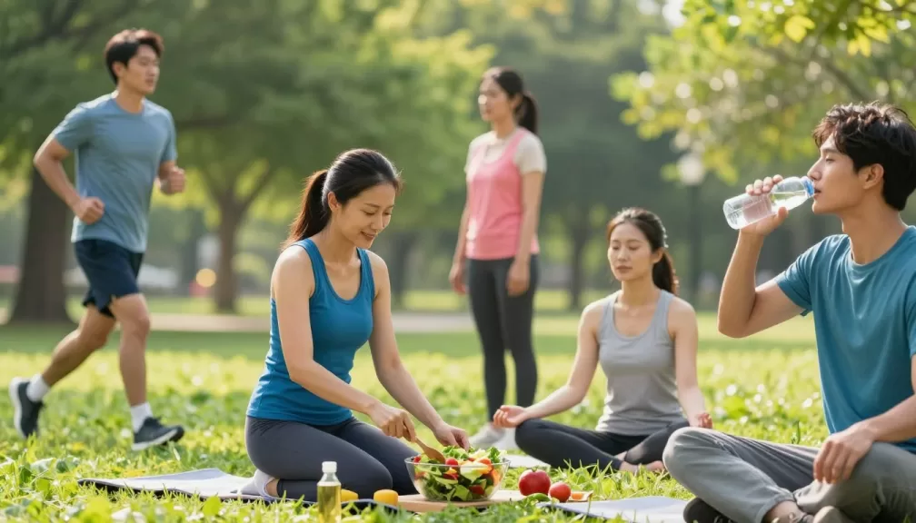 Person engaging in healthy habits including exercise and nutritious food
