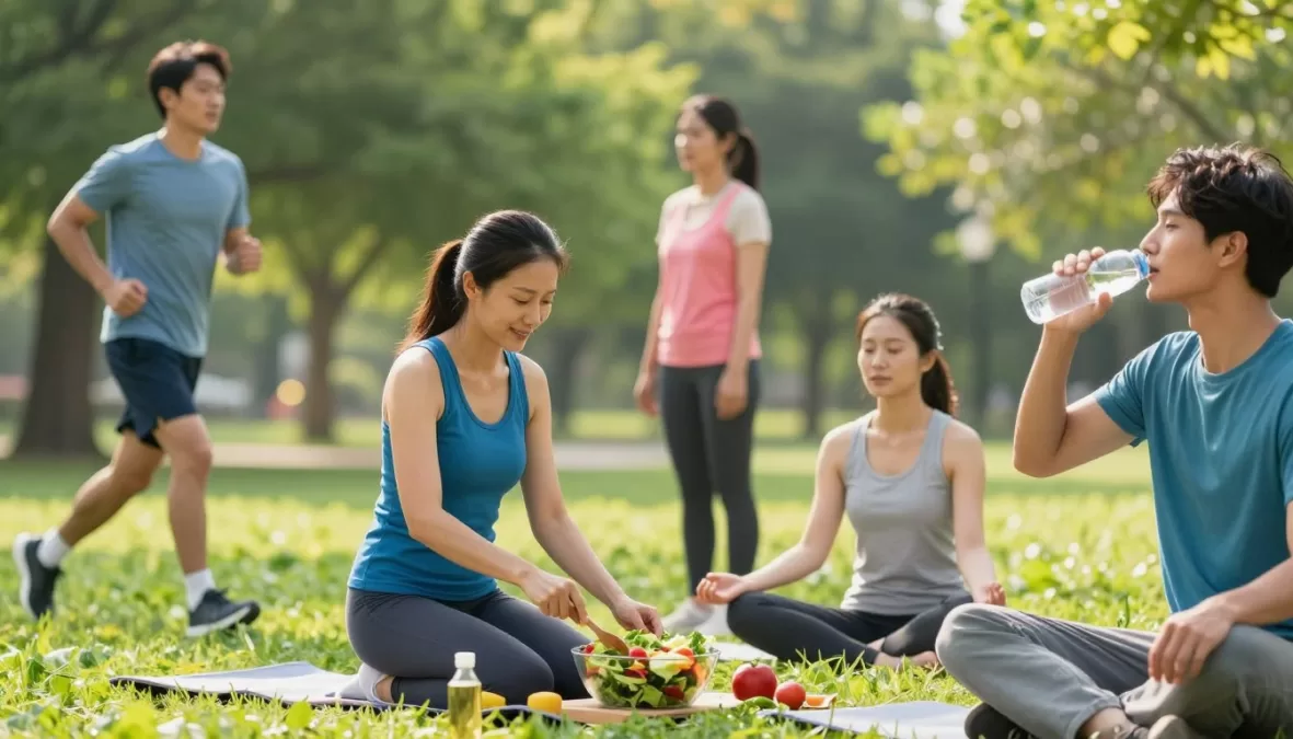 Person engaging in healthy habits including exercise and nutritious food