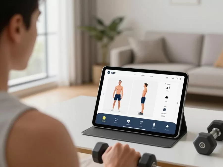 Person following AI fitness coaching program on tablet with virtual trainer guidance