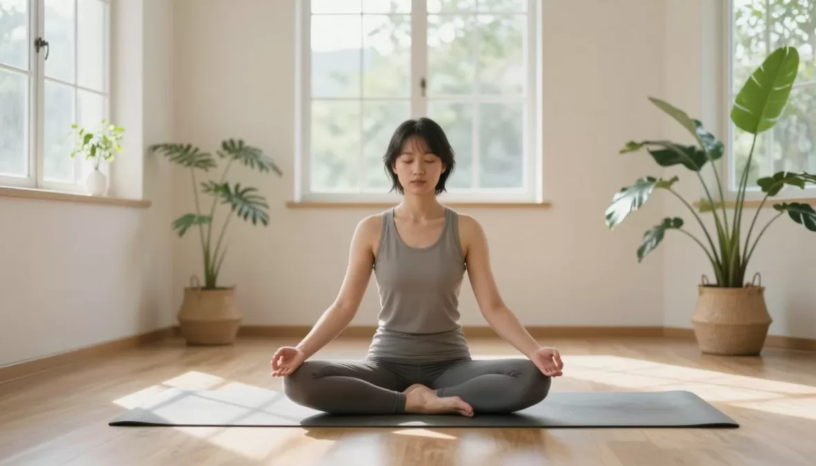 Person practicing meditation and stress management techniques in peaceful setting