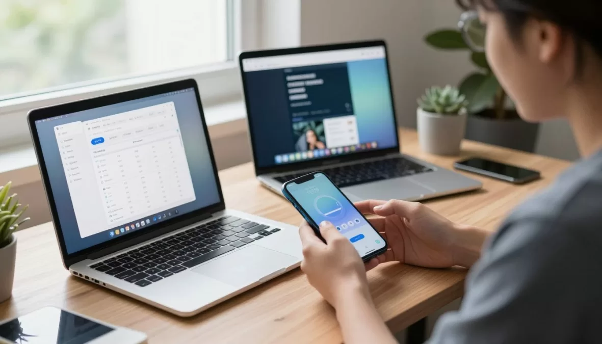 Person researching tech products on multiple devices