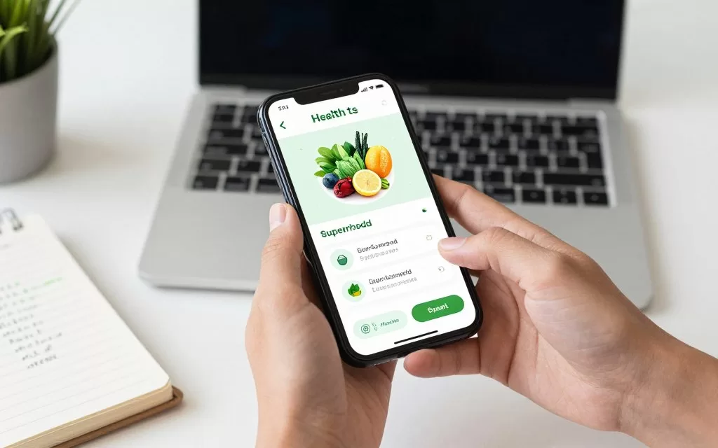 Person using smartphone to search for superfood information and healthy eating questions