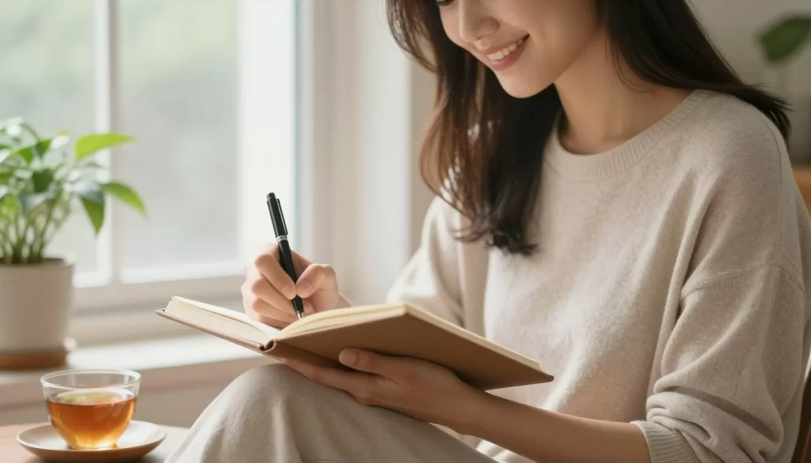 Person writing in a gratitude journal with positive mindset and mental wellness
