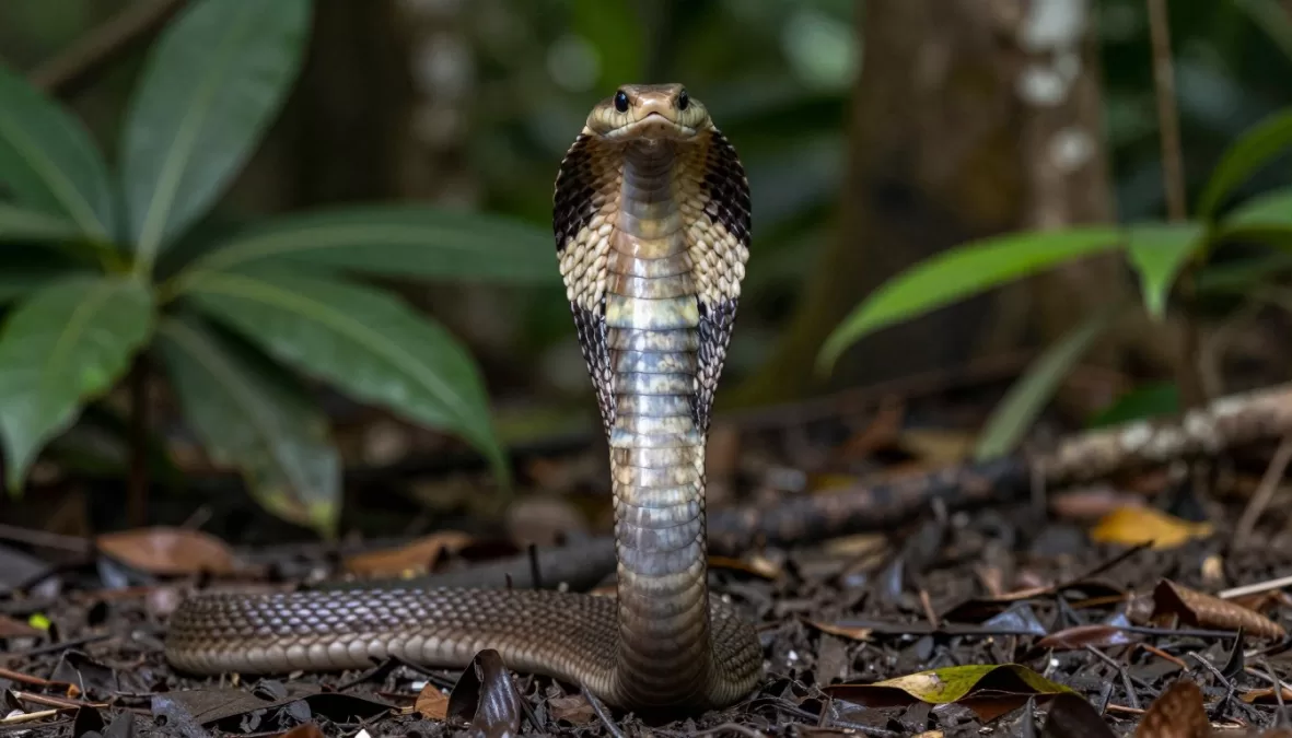 Philippine cobra in defensive stance in tropical environment