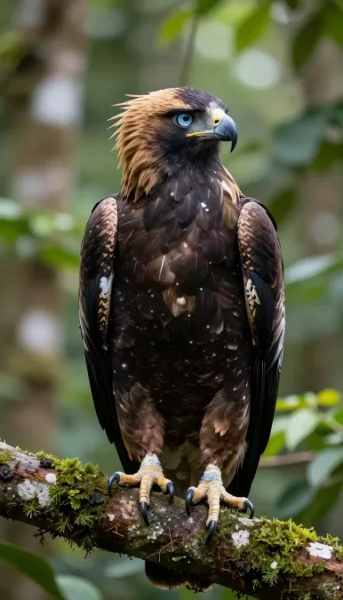 Philippine eagle perched in rainforest showing distinctive crest of critically endangered raptor