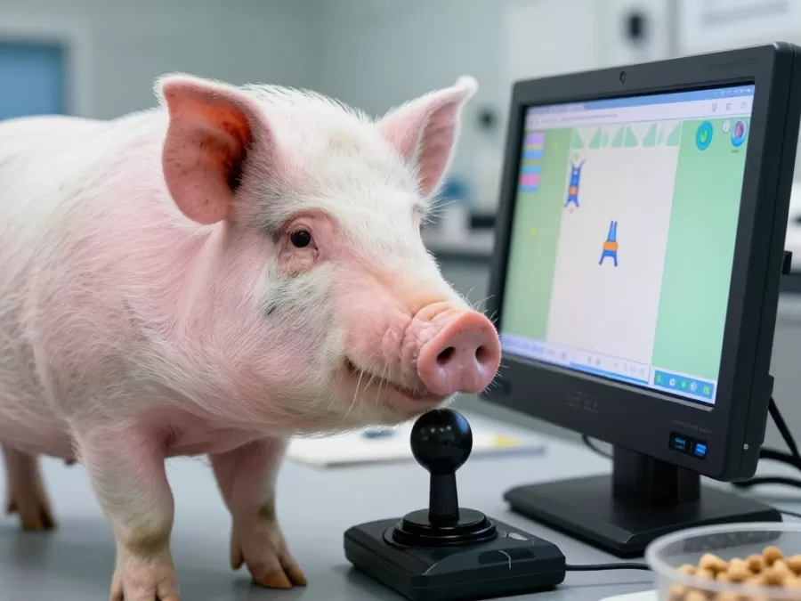Pig solving puzzle game with joystick for food reward in research facility