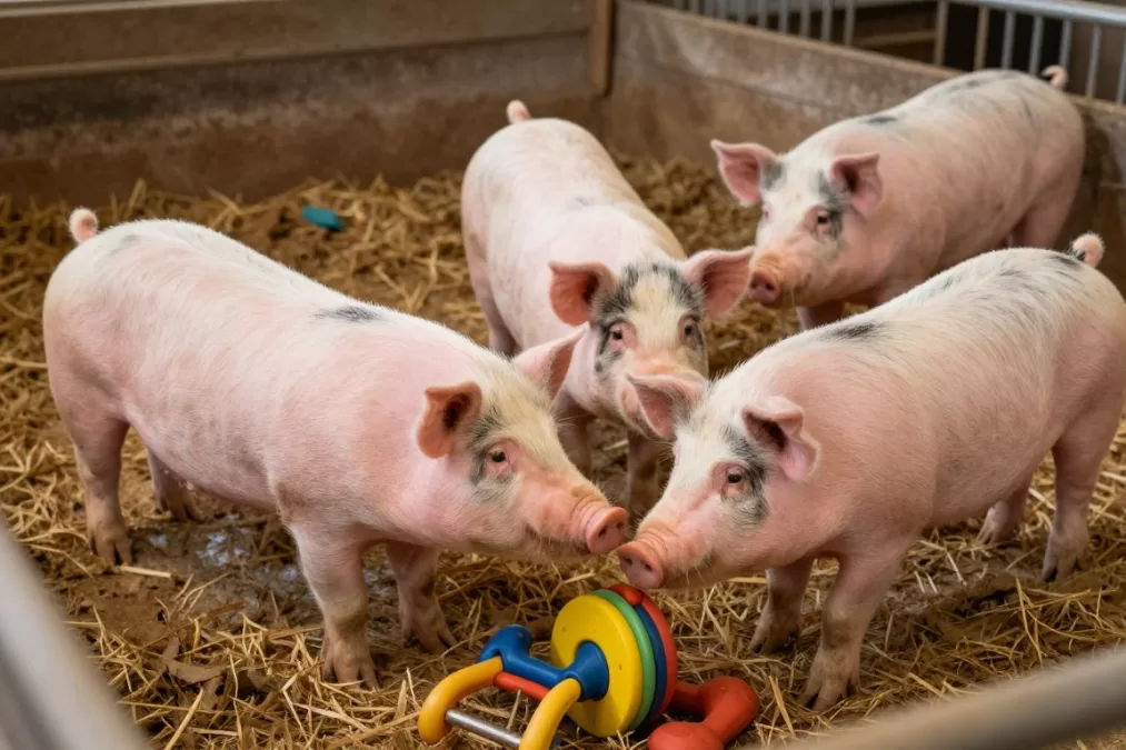 Pigs interacting in enriched environment showing social behavior