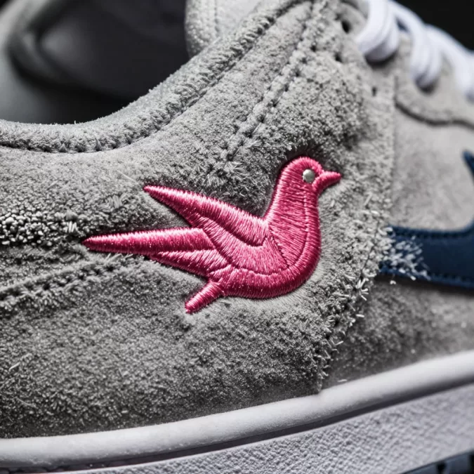 Pink pigeon embroidered detail on Nike Dunk Low SB