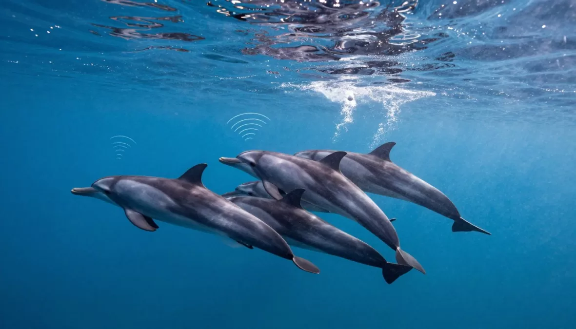 Pod of bottlenose dolphins swimming and communicating underwater with visible sound waves