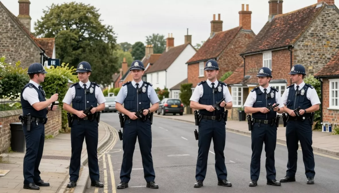 Police officers in sleepy English village with action movie composition