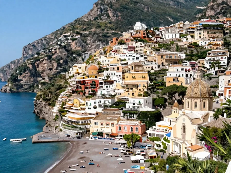 Positano village with pastel houses cascading to beach