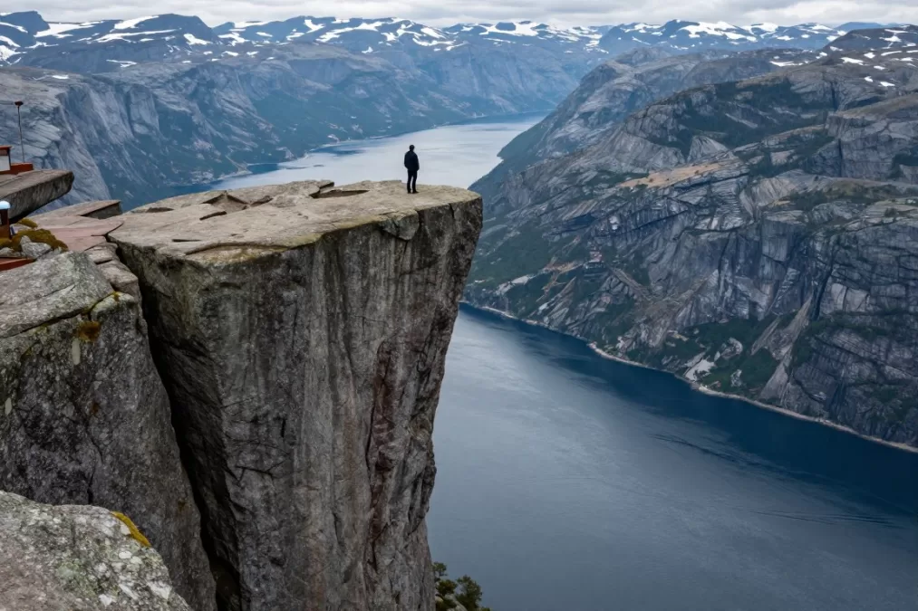 Preikestolen Pulpit Rock Norway with person standing on edge