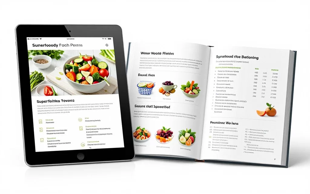 Preview of comprehensive superfood guide showing colorful pages with recipes and meal plans