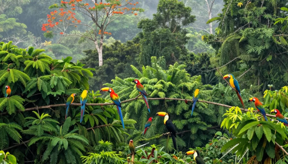 Pristine rainforest habitat with multiple colorful bird species
