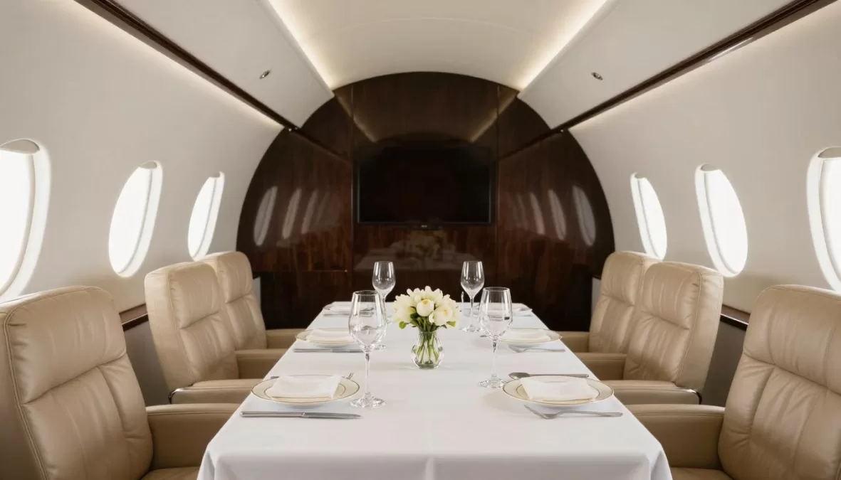 Private jet formal dining setup with fine china