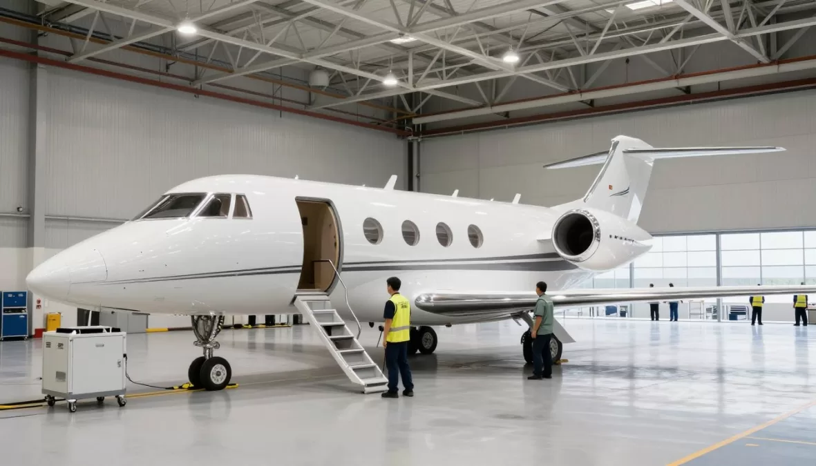 Private jet maintenance facility with aircraft