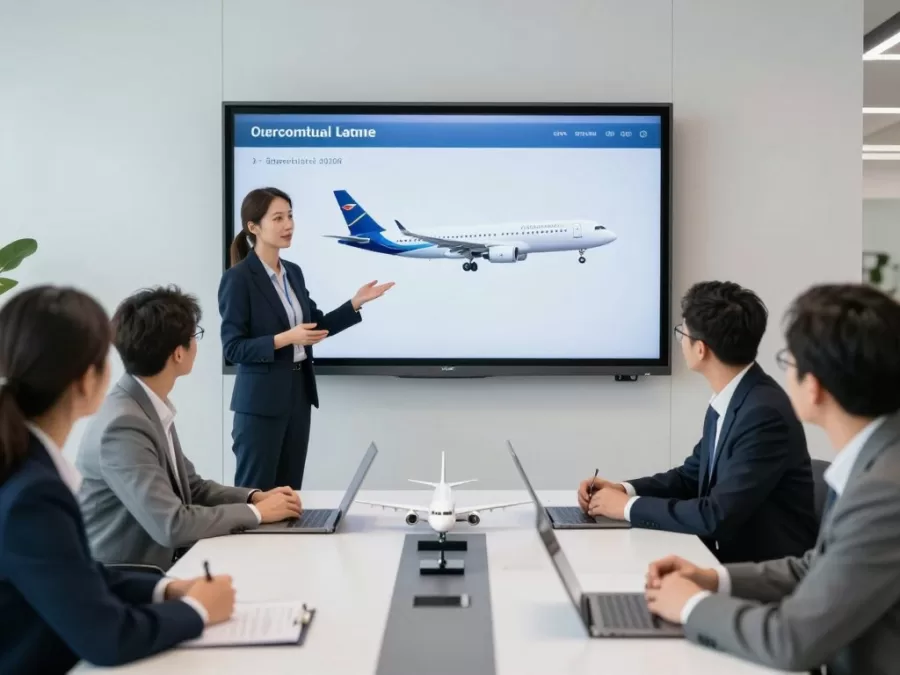 Private jet sales consultation with digital displays