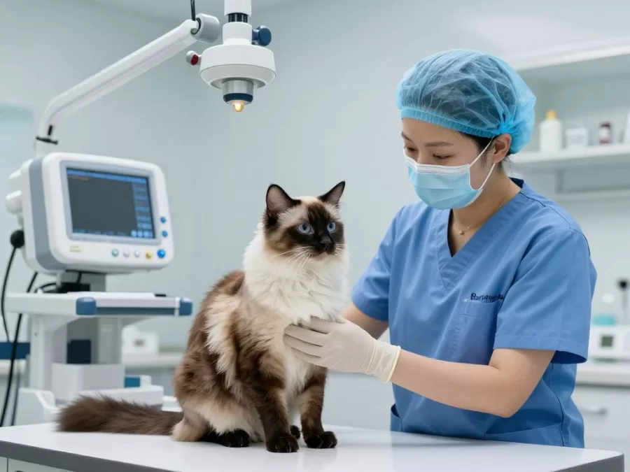 Professional veterinarian examining exotic pet cat breed