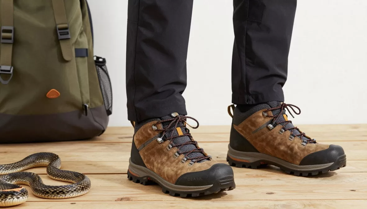 Proper hiking boots and protective clothing for snake country