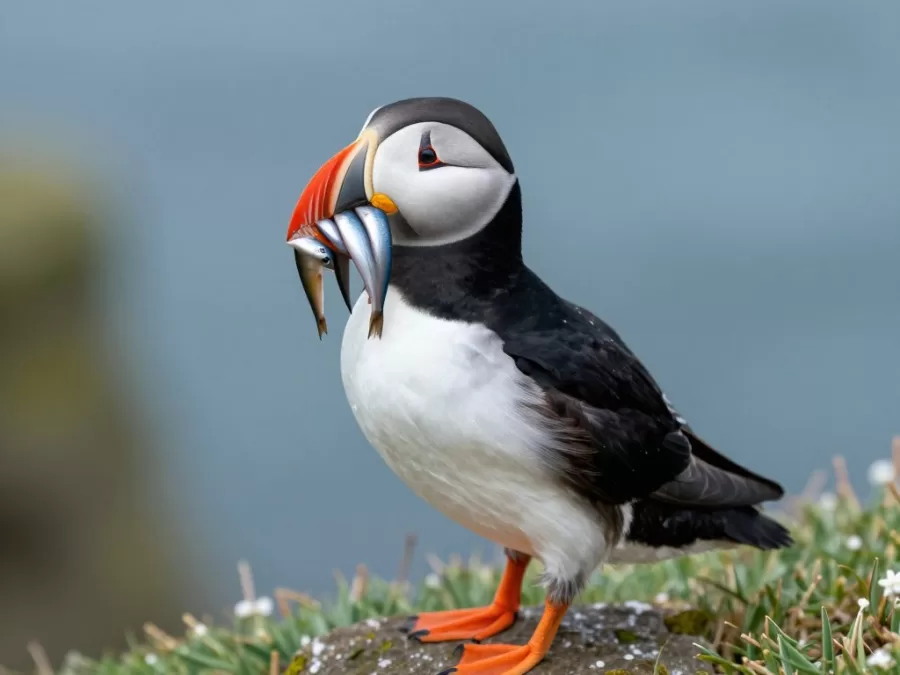 Puffin with colorful beak holding fish