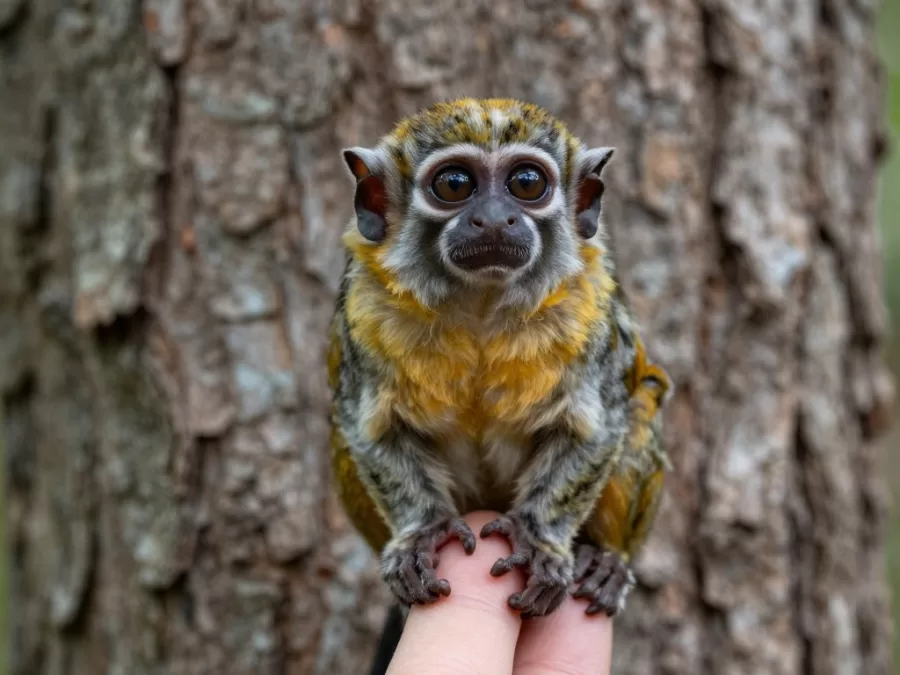 Pygmy marmoset sitting on human finger