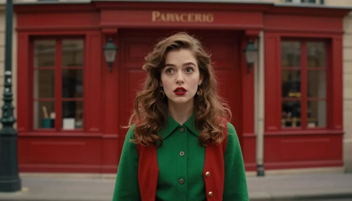 Quirky Parisian woman in whimsical French setting with rich color palette