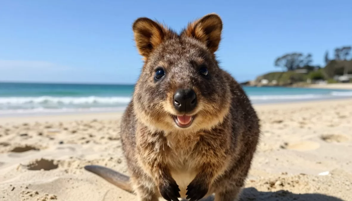 Quokka smiling at camera on Rottnest Island beach