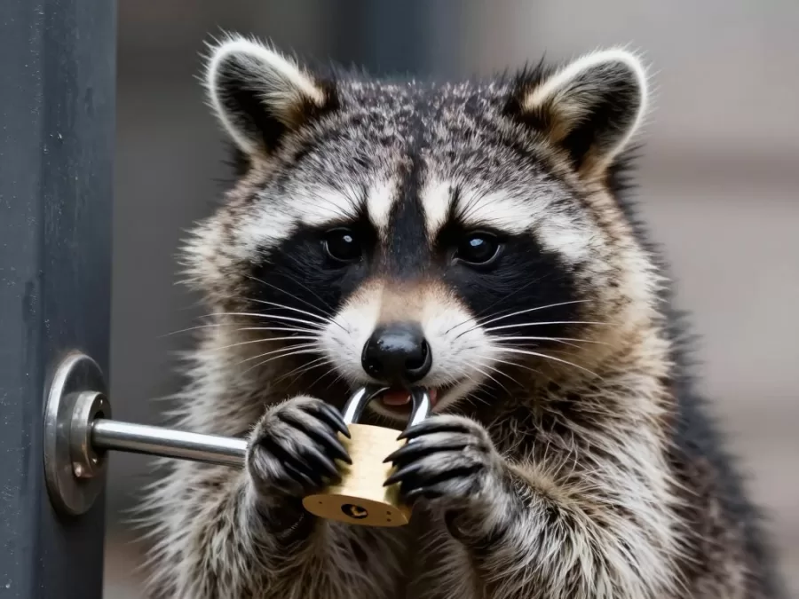 Raccoon using dexterous paws to solve puzzle