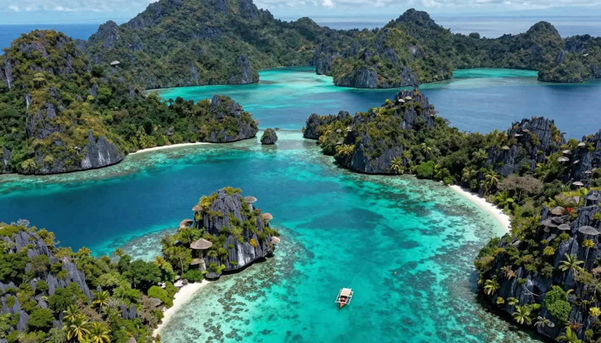Raja Ampat limestone islands and turquoise lagoon aerial view