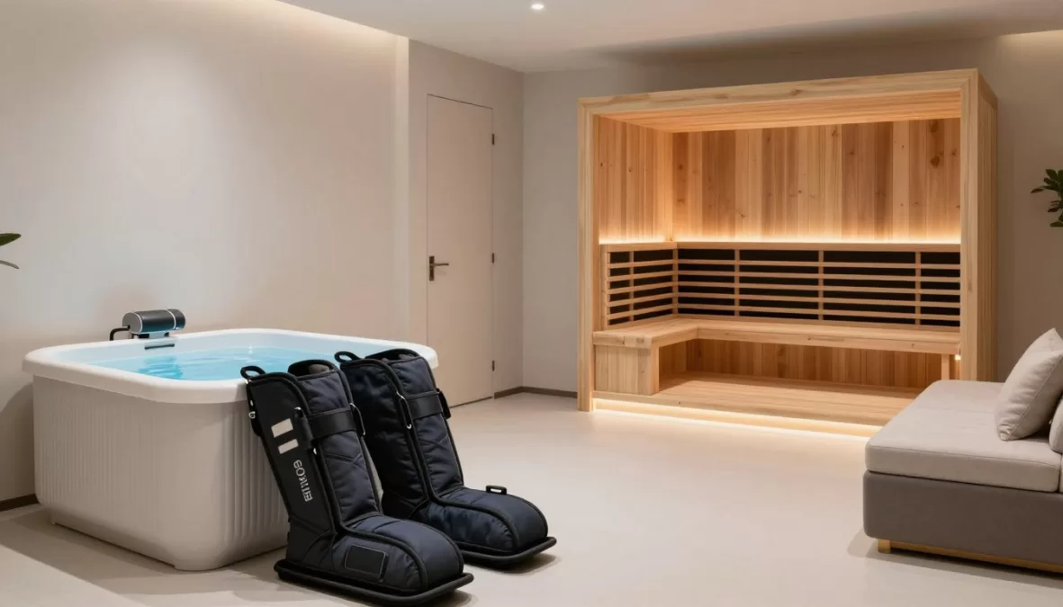 Recovery room with compression therapy equipment, cold plunge tub, and relaxation area