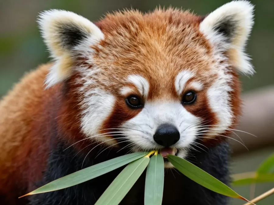 Red panda eating bamboo leaves close-up shot