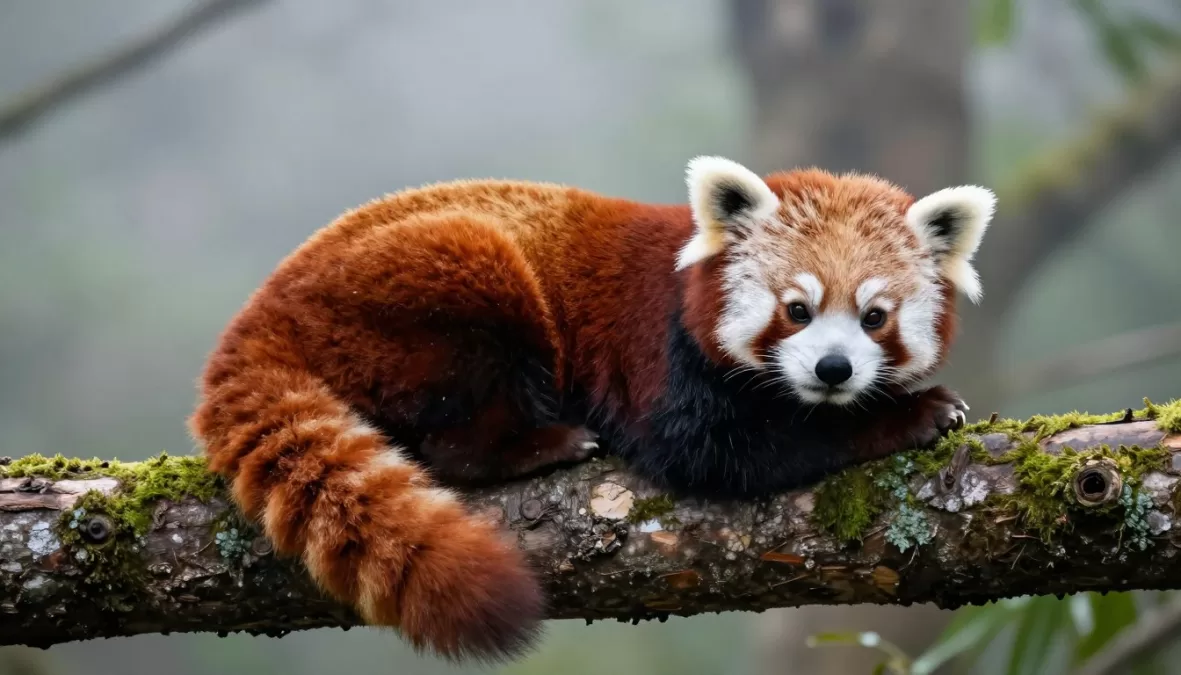 Red panda resting on a tree branch in a misty mountain forest