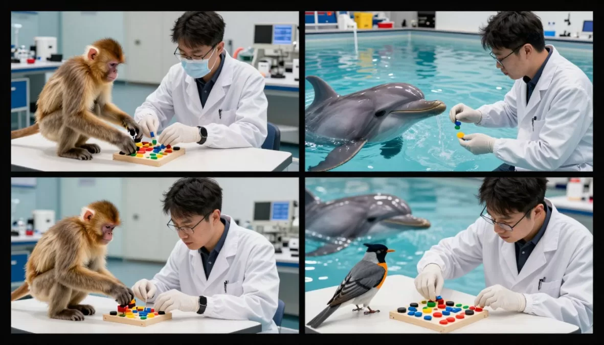 Researchers conducting cognitive tests with various animals in laboratory setting