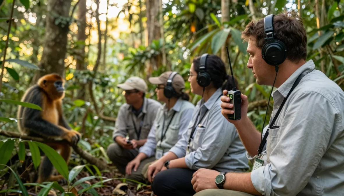 Researchers working on wildlife conservation project in field
