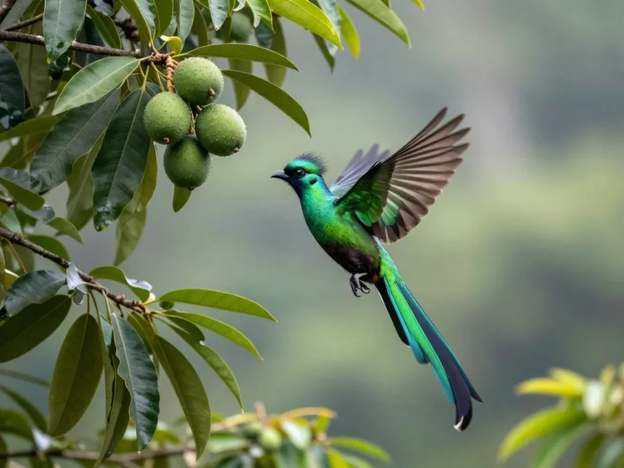 Resplendent quetzal feeding on wild avocado in cloud forest canopy