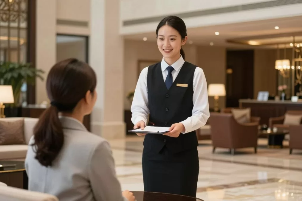 Returning guest being welcomed by hotel staff with warm recognition