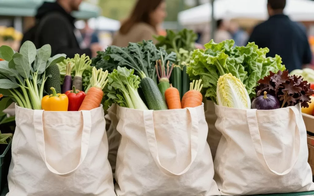 Reusable shopping bags filled with fresh superfoods at a farmers market