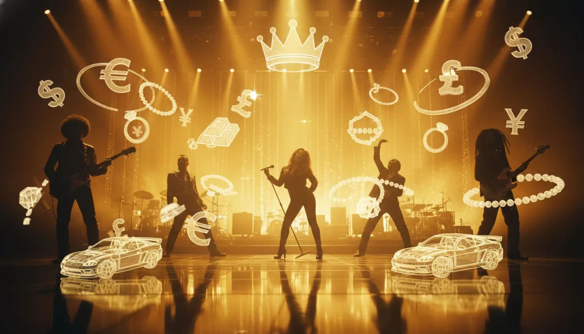 Richest musicians performing on stage with visual representation of their wealth and success
