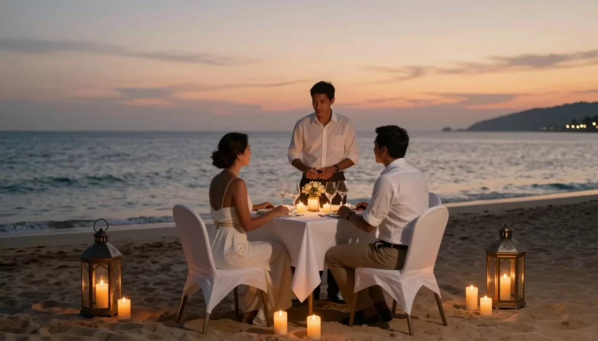 Romantic beach dinner setup for anniversary celebration at luxury resort