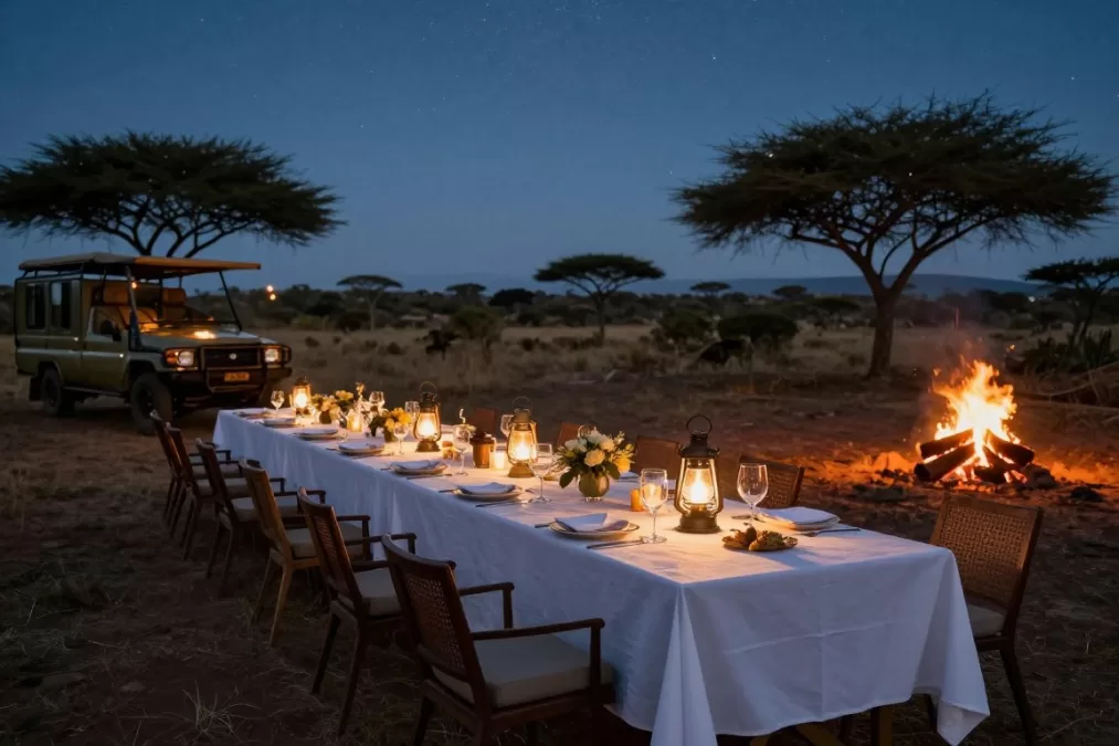 Safari dining experience at Singita under African stars with lantern lighting