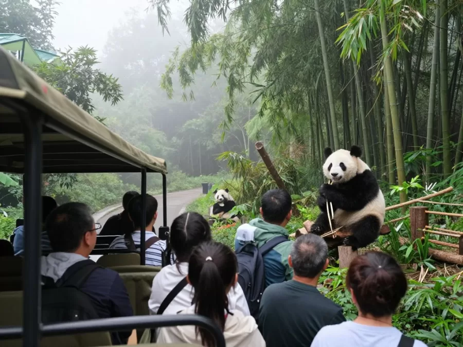 Safari vehicle observing pandas in China nature reserve