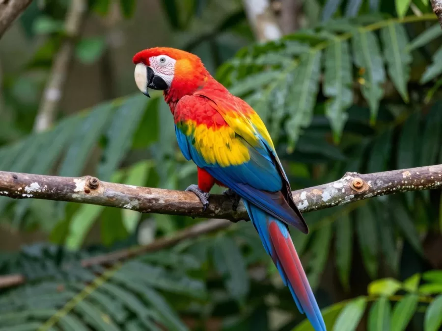 Scarlet macaw displaying brilliant red, yellow, and blue plumage in rainforest