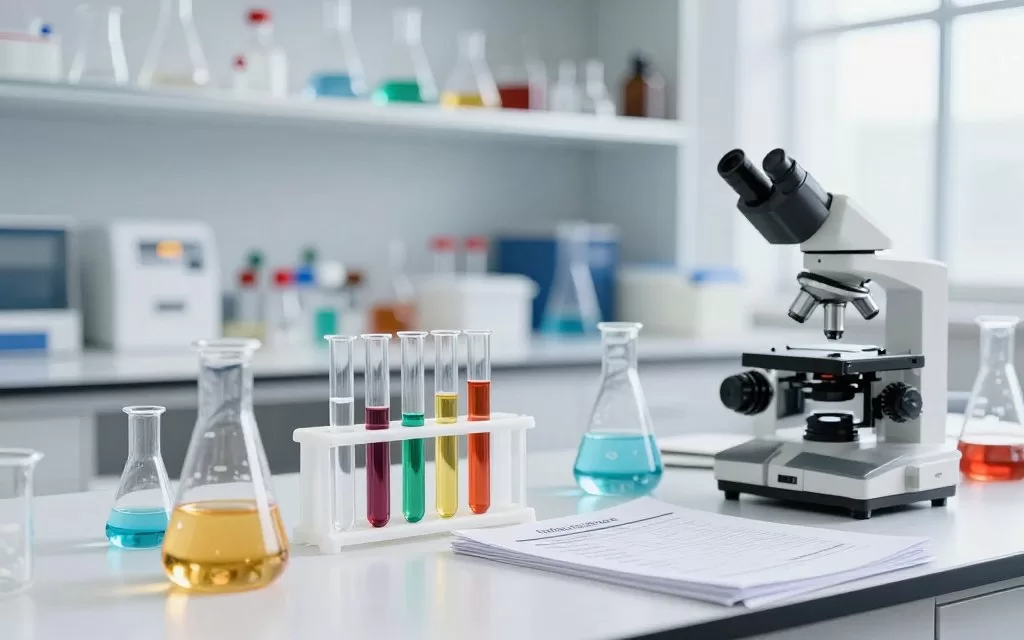 Scientific research laboratory with test tubes containing various food extracts and nutrition research materials