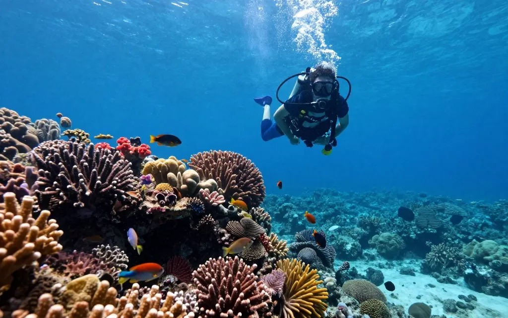 Scuba diver exploring Great Barrier Reef coral formations