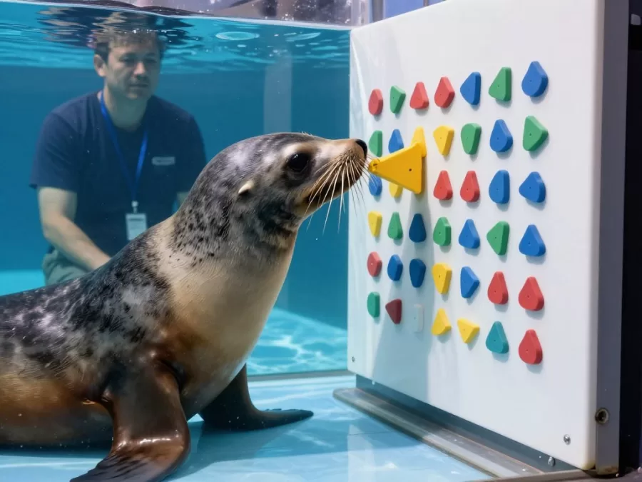 Sea lion solving cognitive puzzle in marine research facility
