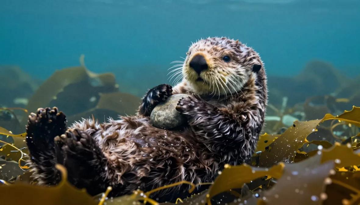 Sea otter floating on its back in kelp forest waters