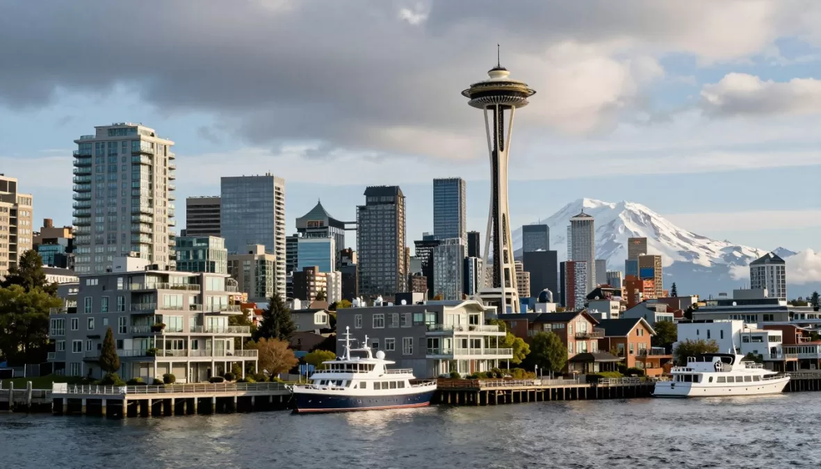 Seattle expensive waterfront housing with Space Needle and mountain backdrop